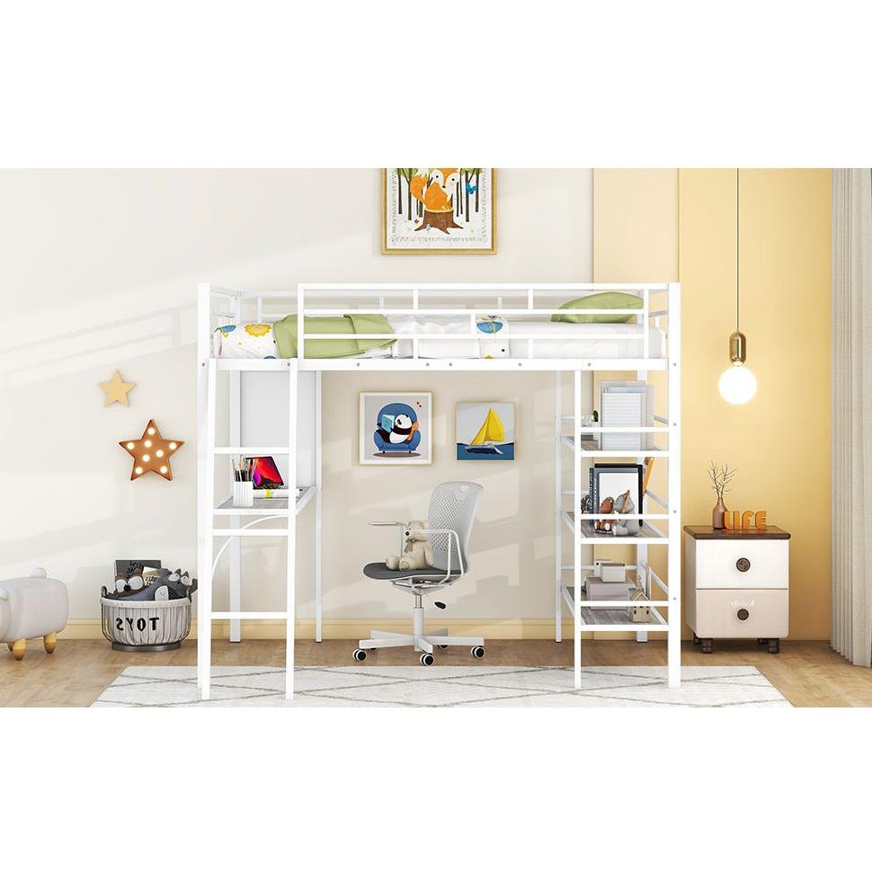 Full Size Loft Metal Bed with 3 Layers of Shelves and Desk, Stylish Metal Frame Bed with Whiteboard, White