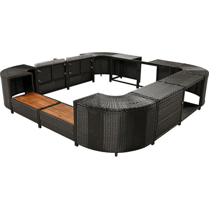 Spa Surround Spa Frame Quadrilateral Outdoor Rattan Sectional Sofa Set with Mini Sofa, Wooden Seats and Storage Spaces, Grey