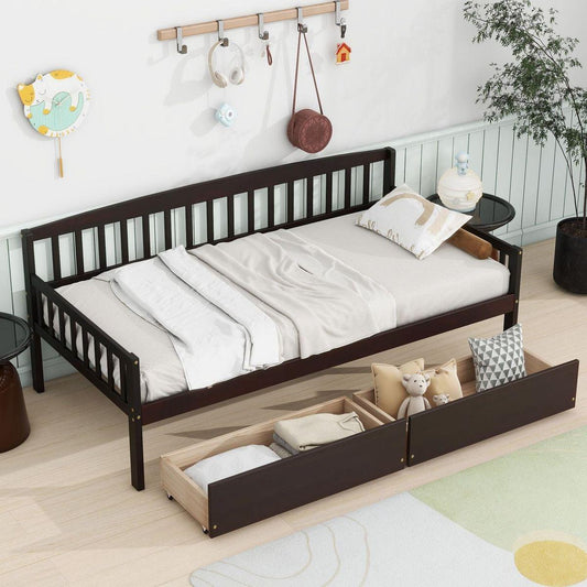 Twin-size Pine Wood Daybed with two Storage Drawers, Sofa Bed with Bed Platform of 10 Support Slats,Espresso