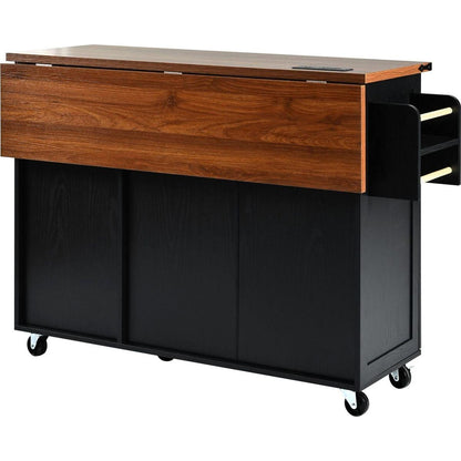 54.5" Farmhouse Kitchen Island with Power Outlet, Kitchen Storage Island with Internal Storage Rack, Drop Leaf, Spice Rack, Rolling Kitchen Cart on Wheels, for Home, Kitchen and Dining Room,Black