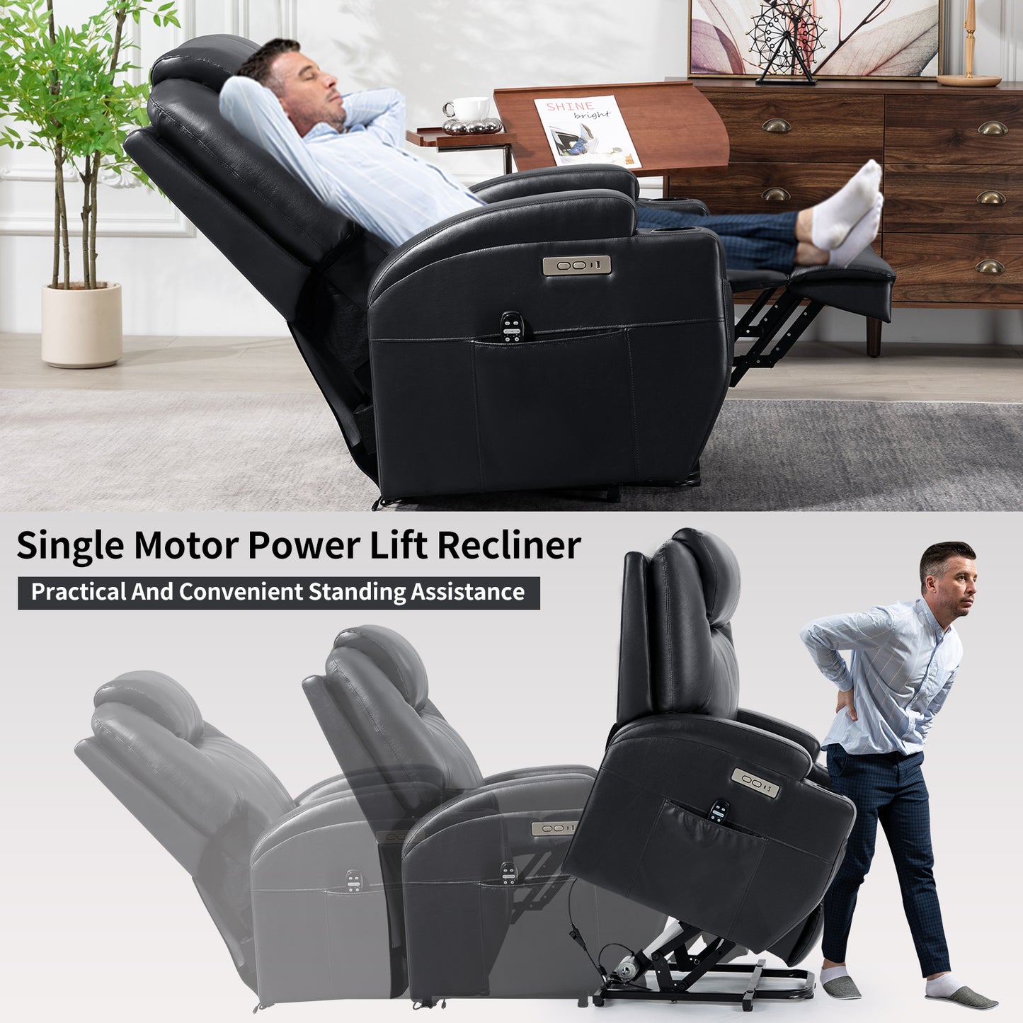 Up to 350lbs Okin Motor Power Lift Recliner Chair for Elderly, Heavy Duty Motion Mechanism with 8-Point Vibration Massage and Lumbar Heating, Two Cup Holders and USB Charge Port, Black