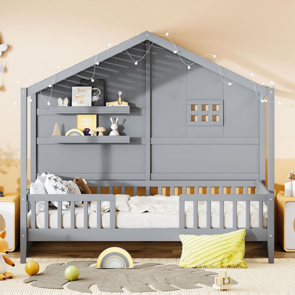 Twin Size House Bed with Shelves, House Bed with Window and Sparkling Light Strip on the Roof, Gray