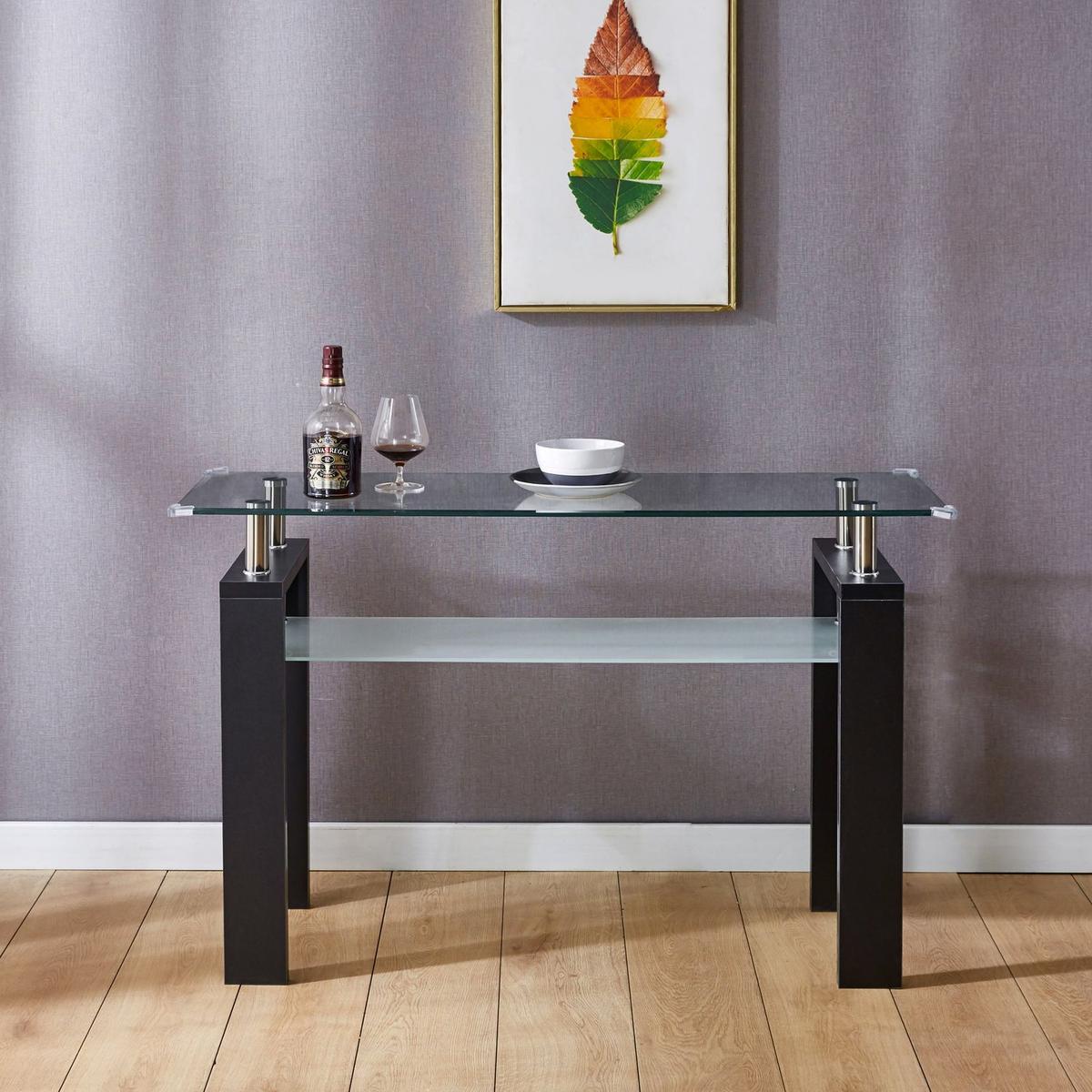 Black MDF Console Table, Tempered Glass Top, Modern Foyer Area Table