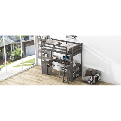 Twin Size Loft Bed with U-shaped Desk, Drawers and Storage Shelves, Antique Brown