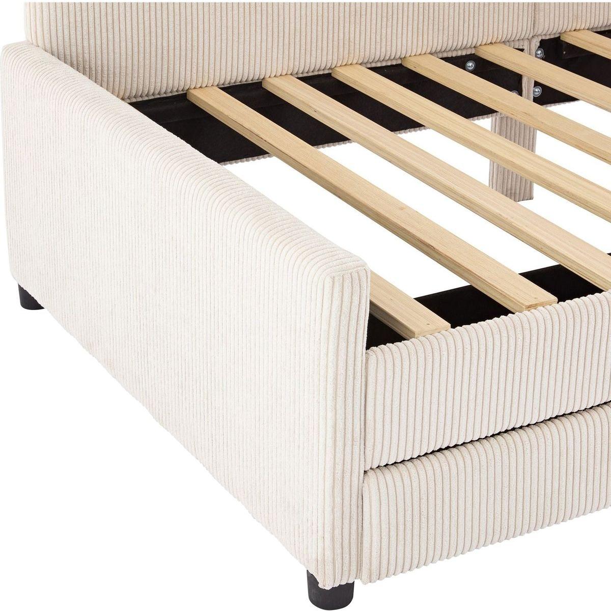 Twin Size L-Shaped Corduroy Daybed,Upholstered Bed Frame with 2 Storage Drawers, Beige