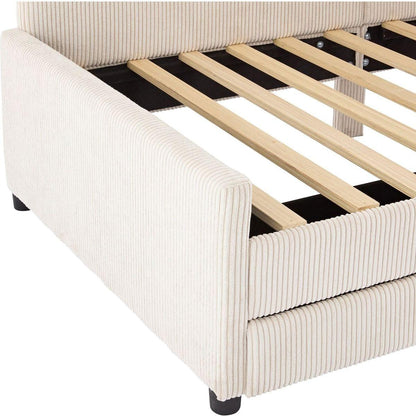 Twin Size L-Shaped Corduroy Daybed,Upholstered Bed Frame with 2 Storage Drawers, Beige
