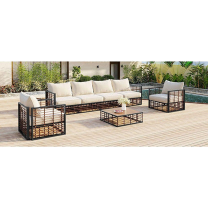 Modern Minimalist 7-Piece Metal Patio Sectional Sofa Set, All-Weather Garden Conversational Furniture Set with Thick Cushions and Coffee Table for Indoor Outdoor, Gray