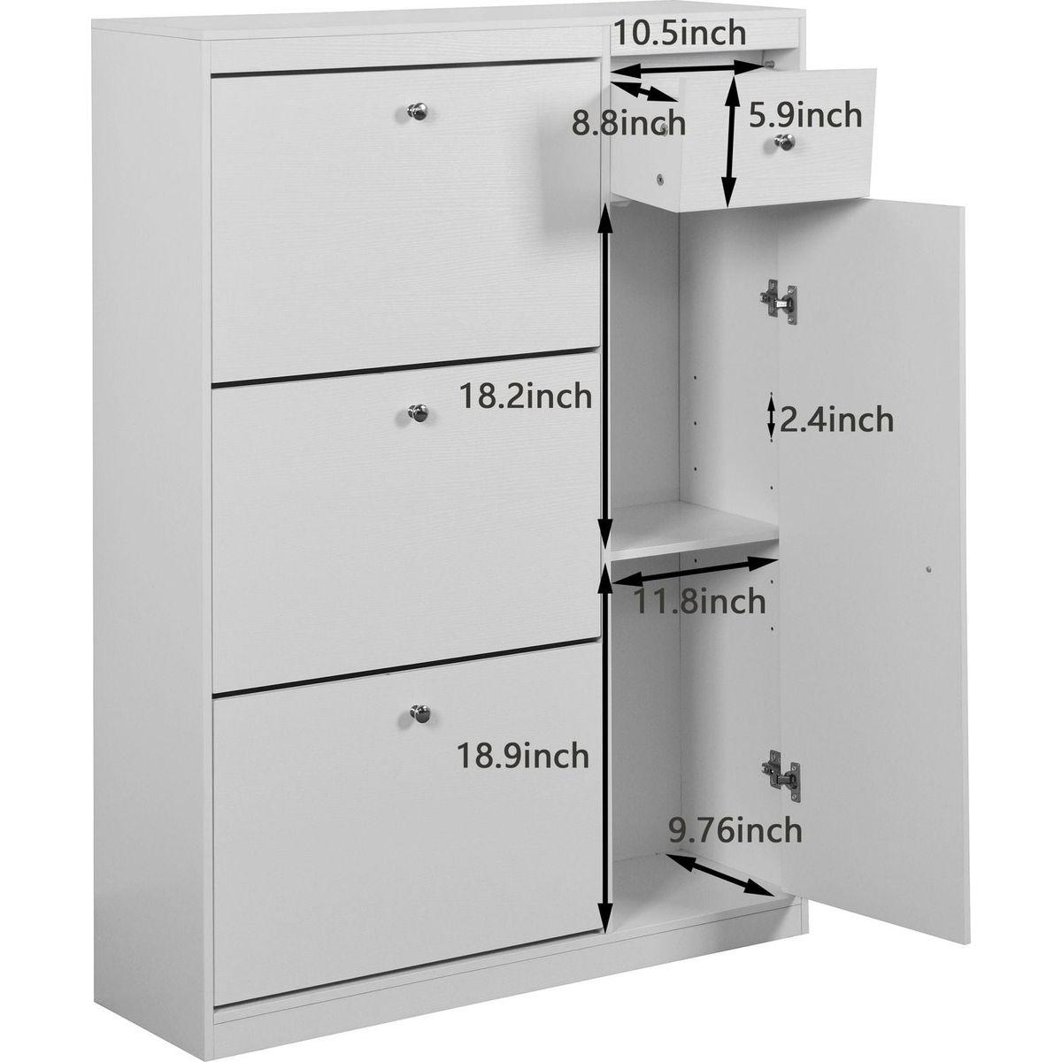 Shoe Cabinet,Freestanding Tipping Bucket Shoe Rack Organizer with 3 Flip Drawers,Entryway Narrow Shoe Storage with Adjustable Storage Shelf,Modern Slim Hidden Shoe Cabinet, White