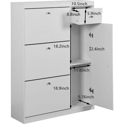 Shoe Cabinet,Freestanding Tipping Bucket Shoe Rack Organizer with 3 Flip Drawers,Entryway Narrow Shoe Storage with Adjustable Storage Shelf,Modern Slim Hidden Shoe Cabinet, White
