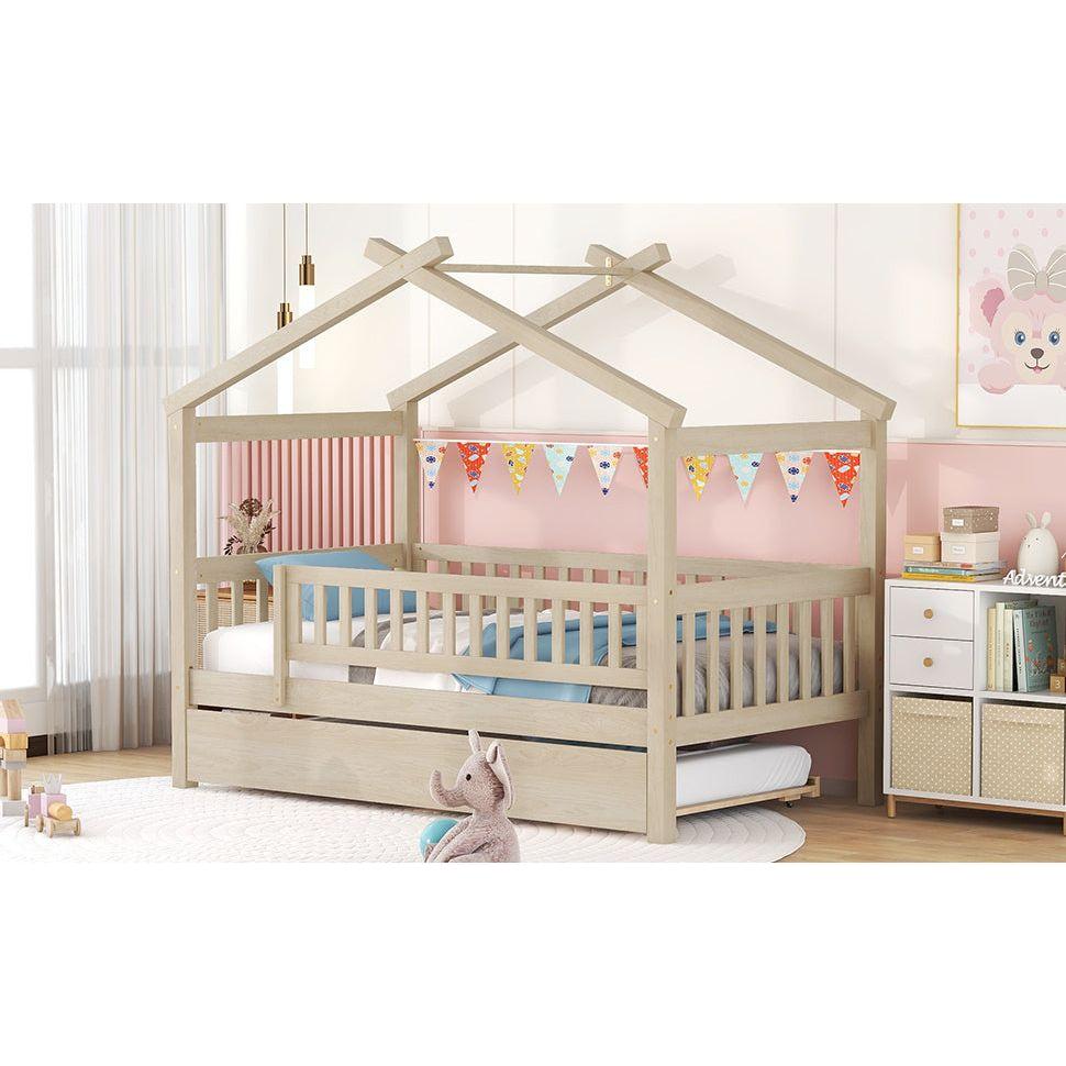 Twin Size Wooden House Bed with Twin Size Trundle, Natural