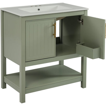 30-Inch Green Bathroom Vanity with Ceramic Sink and Versatile Storage - Ideal for Small Bathrooms