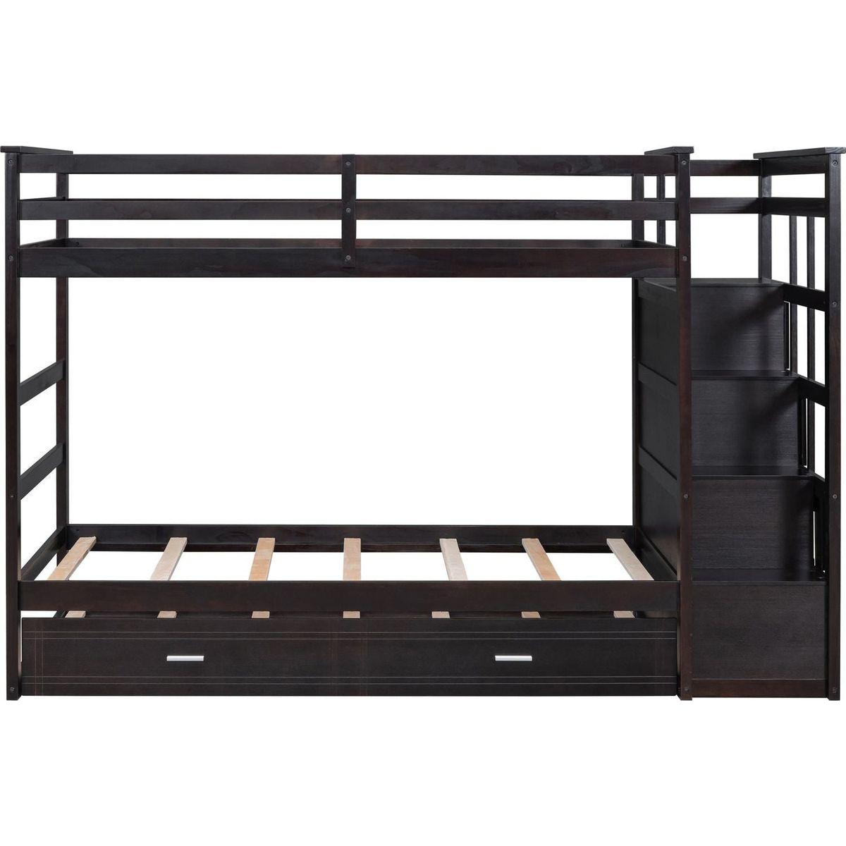 Twin Over Twin Bunk Bed with Trundle and Staircase,Espresso