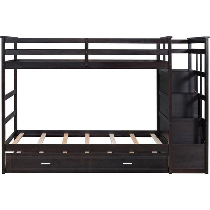 Twin Over Twin Bunk Bed with Trundle and Staircase,Espresso