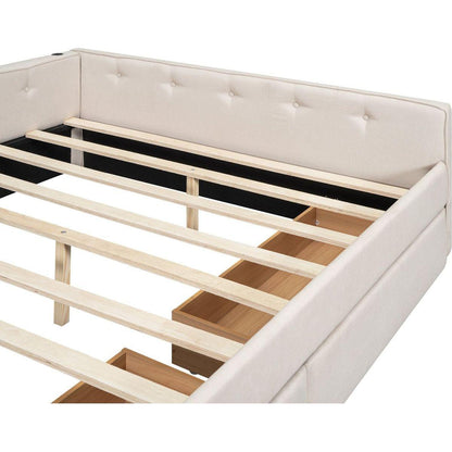 Queen Size Upholstered Platform Bed with USB and 2 Drawers, Beige