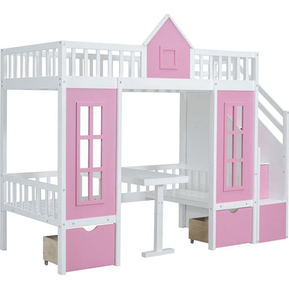Twin-Over-Twin Bunk Bed with Changeable Table, Bunk Bed Turn into Upper Bed and Down Desk -Pink
