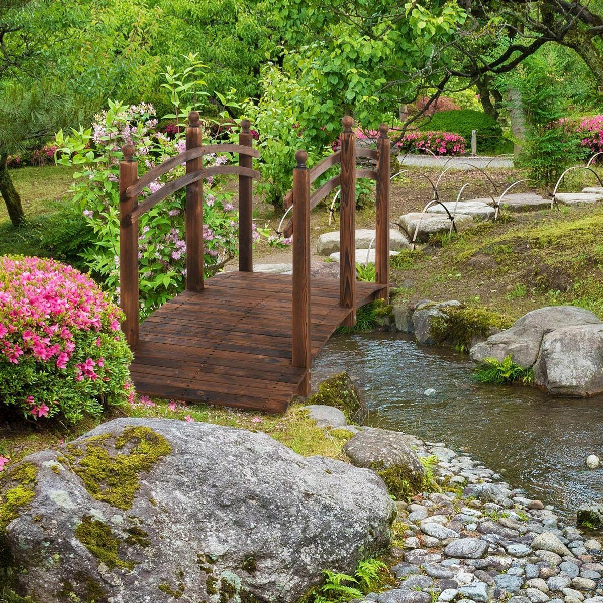 7.5' Fir Wood Garden Bridge Arc Walkway with Side Railings, Perfect for Backyards, Gardens, & Streams, Carbonized
