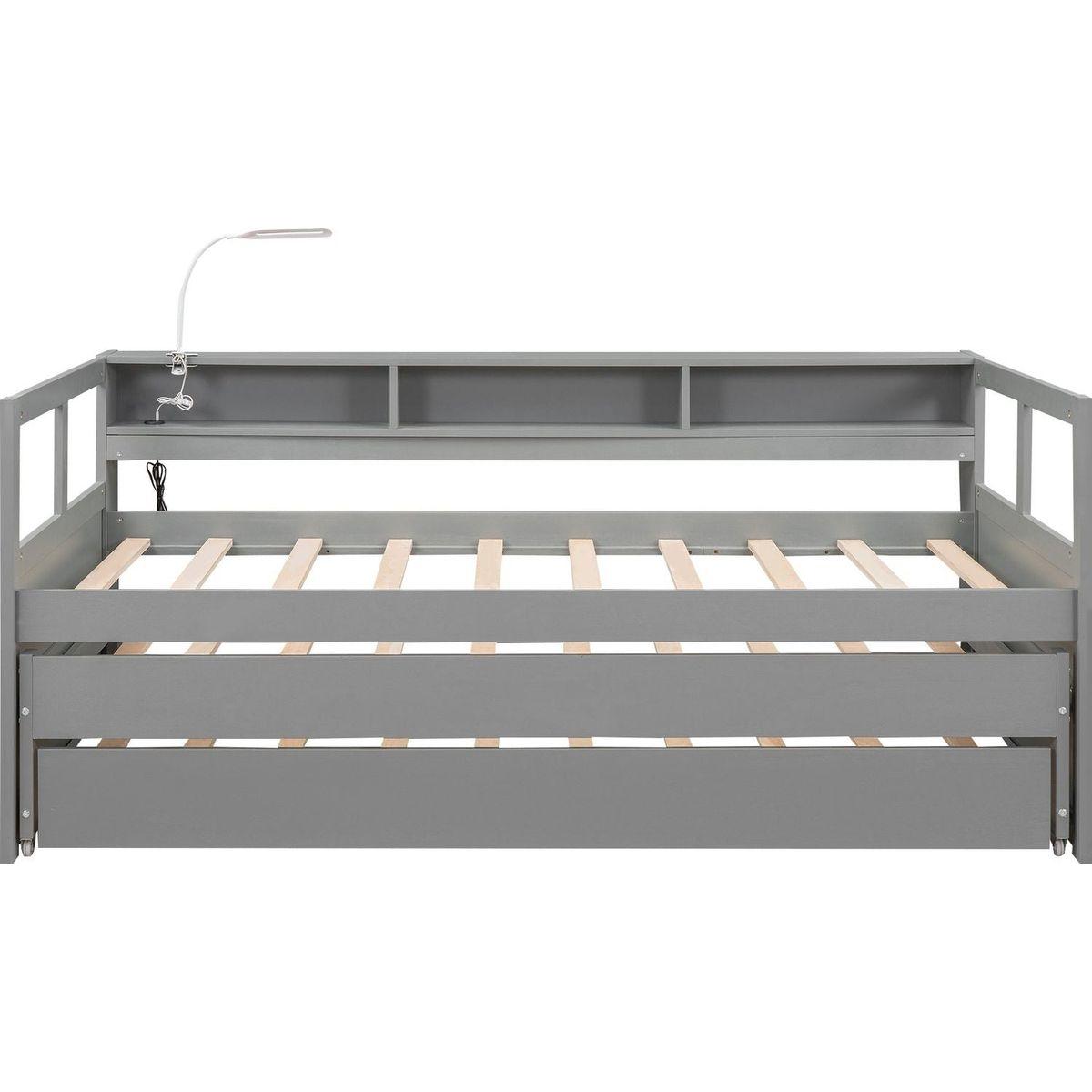 Twin XL Wood Daybed with 2 Trundles, 3 Storage Cubbies, 1 Light for Free and USB Charging Design, Gray