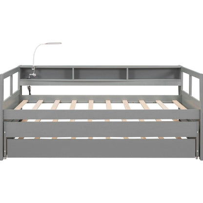 Twin XL Wood Daybed with 2 Trundles, 3 Storage Cubbies, 1 Light for Free and USB Charging Design, Gray