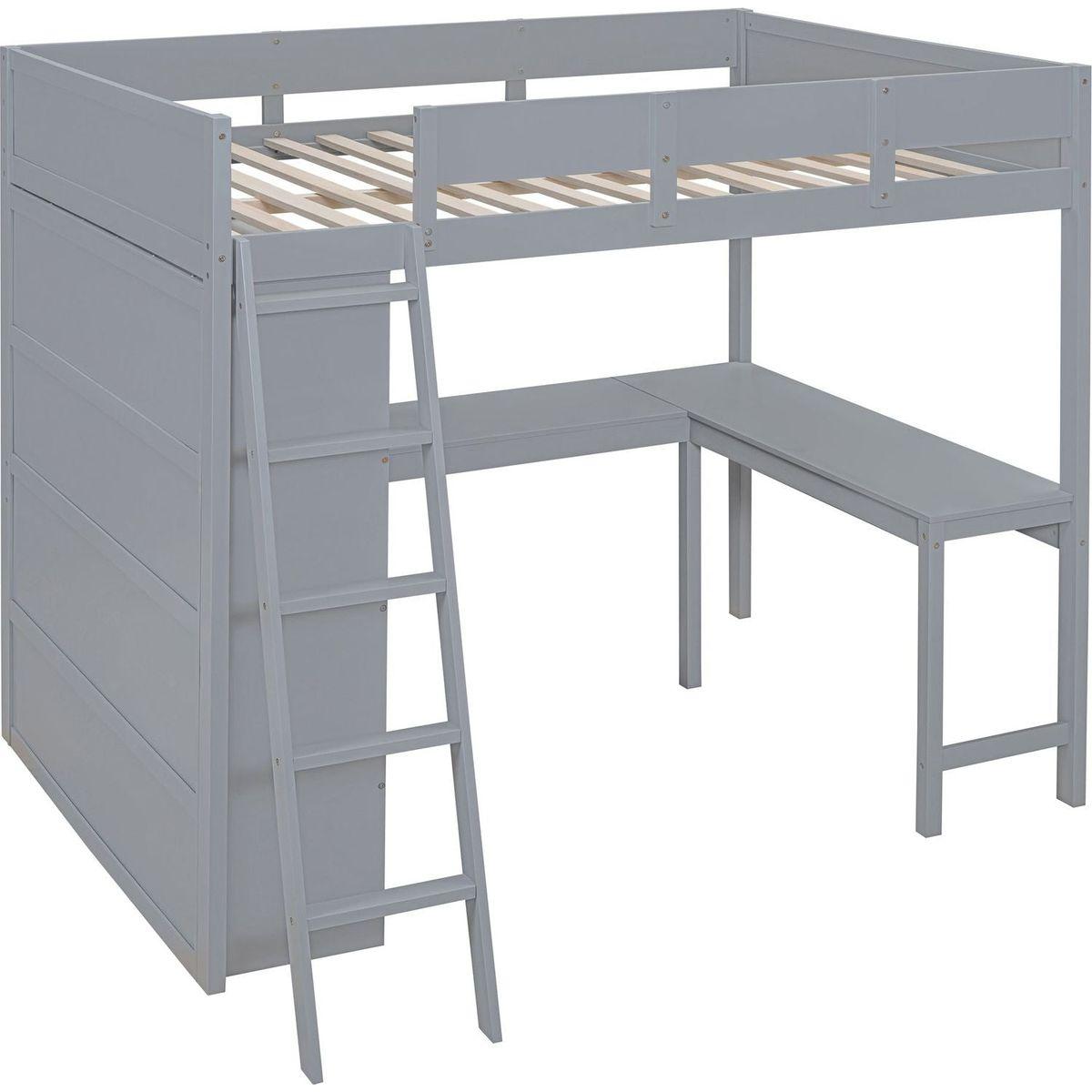 Full Size Loft Bed with Desk and Shelf - Gray