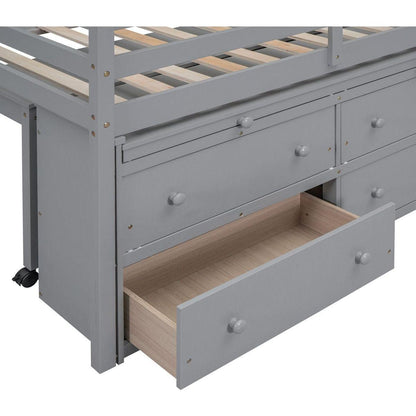 Twin Size Loft Bed with Retractable Writing Desk and 4 Drawers, Wooden Loft Bed with Lateral Portable Desk and Shelves, Gray