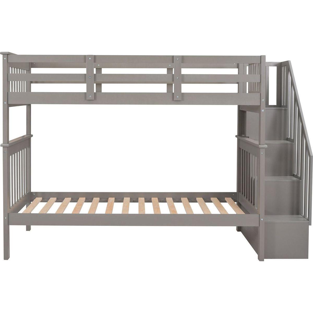 Stairway Twin-Over-Twin Bunk Bed with Storage and Guard Rail for Bedroom, Dorm, Gray color