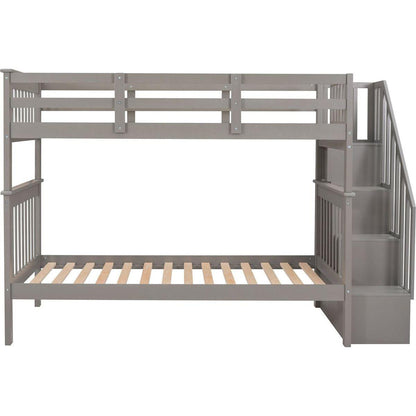 Stairway Twin-Over-Twin Bunk Bed with Storage and Guard Rail for Bedroom, Dorm, Gray color