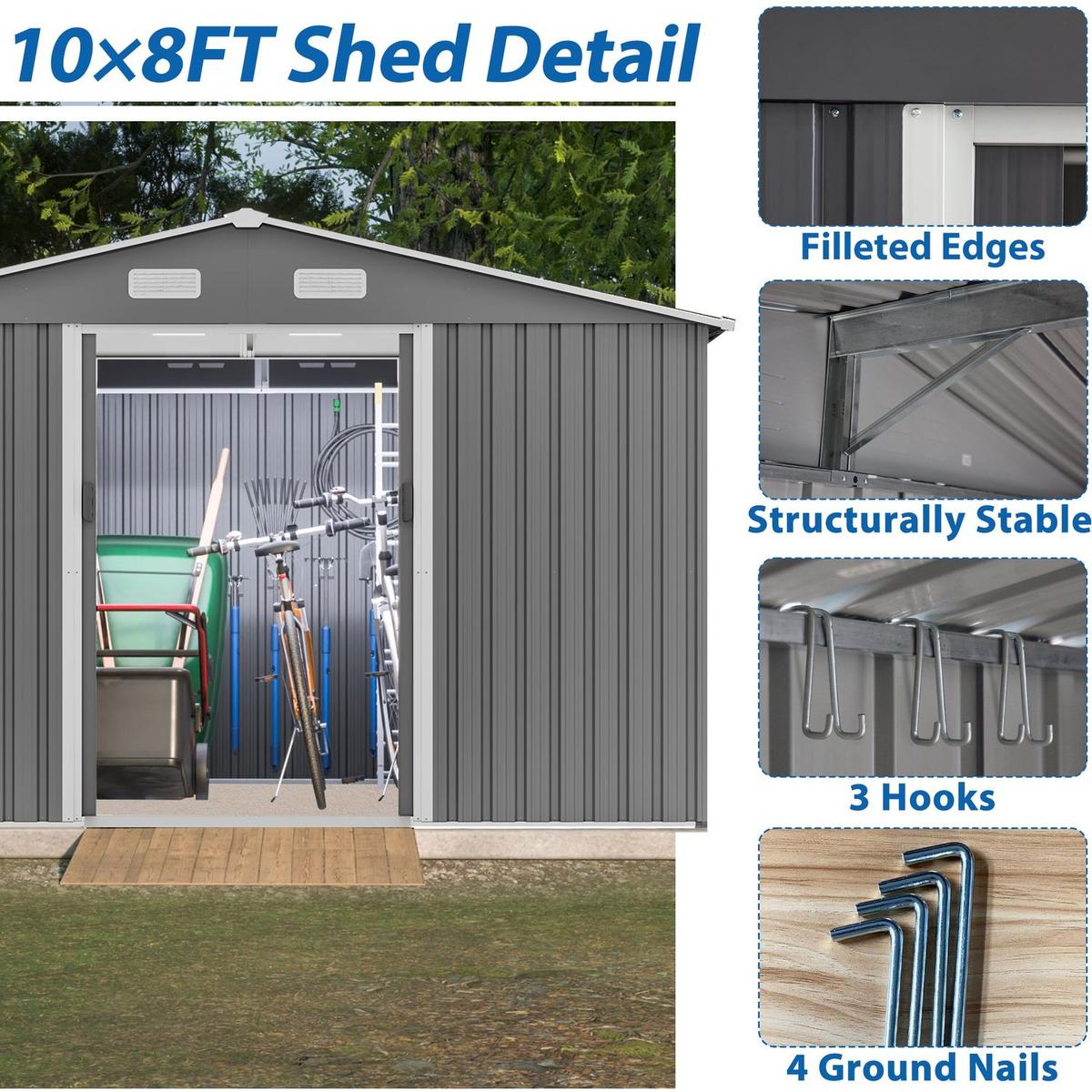 10X8 FT Outdoor Storage Shed, Metal Foundation & Lockable Doors, Tool Shed for Garden, Patio, Backyard, Lawn, Grey - Streamdale Furniture
