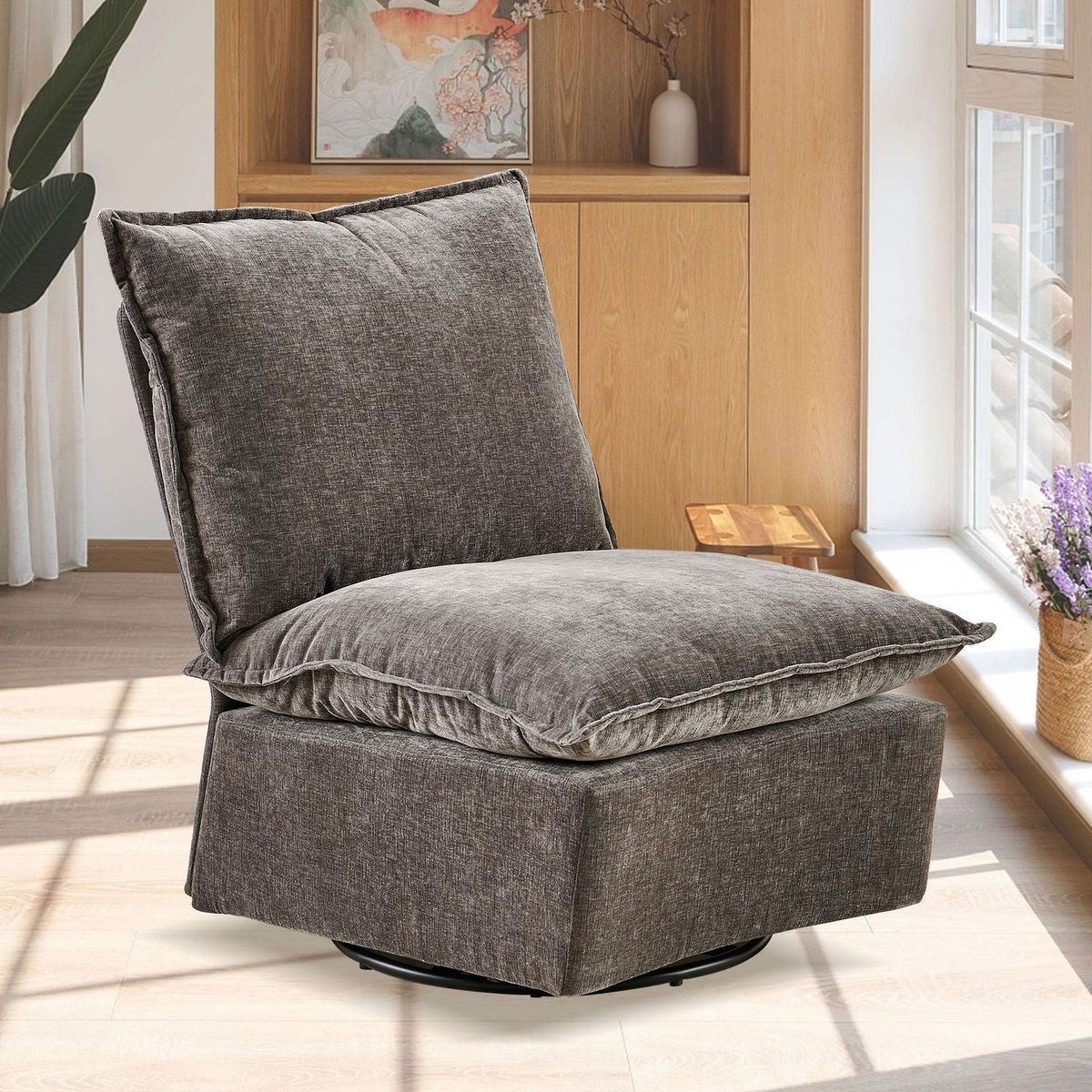 Detachable Dark Grey Chenille Single 360 Swivel Rocking Rocker,360 Swivel Sofa Chair & Single Sofa Lounge, Comfortable Seating for Living Room & Bedroom,Dark Gray Sofa-1PC