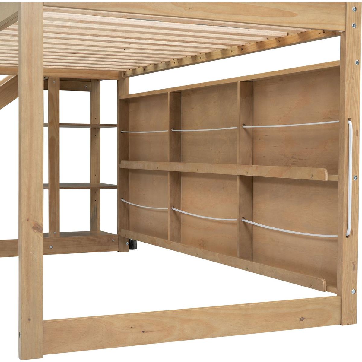 Twin Size Wood House Loft bed with Slide, Storage shelves and Light, Climbing Ramp, Wood Color