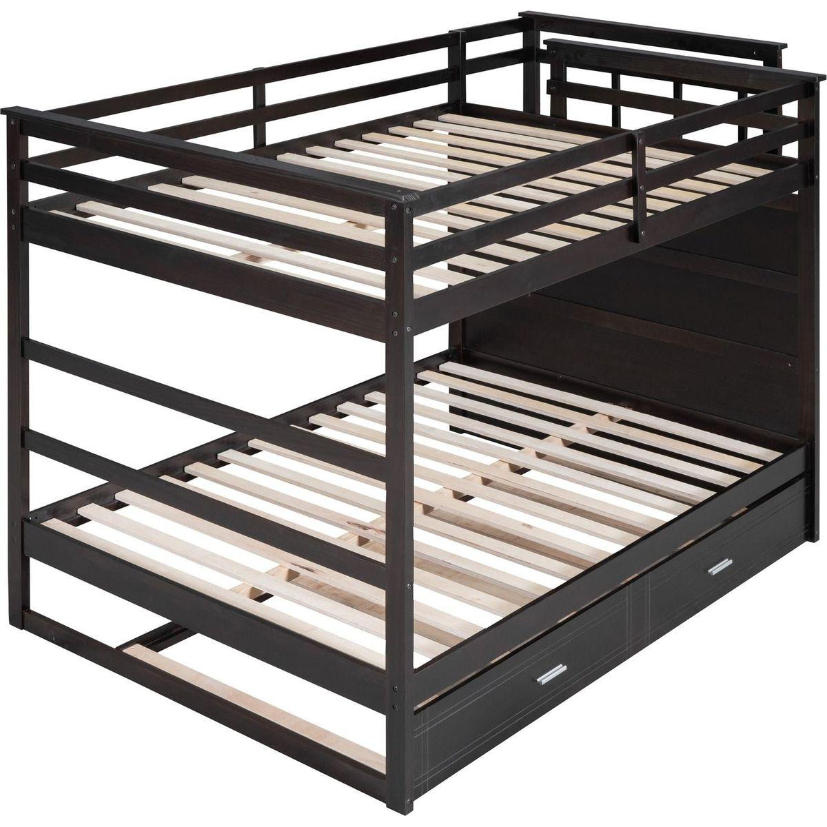 Full Over Full Bunk Bed with Twin Size Trundle and Staircase, Espresso