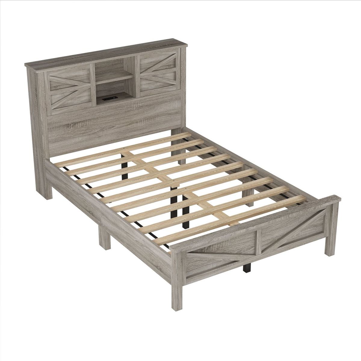 Farmhouse Platform Bed with Double Sliding Barn Door, Full Size Rustic Wood Bed with Charging Station, Wood Slats Support, Antique Gray