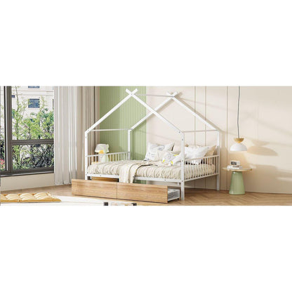 Full Size Metal House Bed with Two Drawers, White