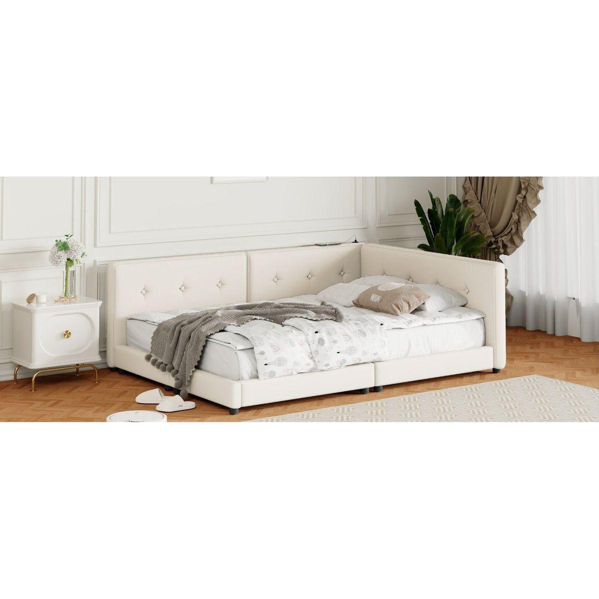 Upholstered Queen Size platform bed with USB Ports, Beige