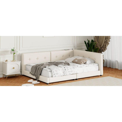 Upholstered Queen Size platform bed with USB Ports, Beige