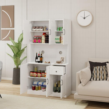71" Kitchen Pantry Storage Cabinet with Microwave Oven Countertop, Freestanding Hutch Cabinet with Adjustable Shelves, 6 Doors and 1 Drawer-White