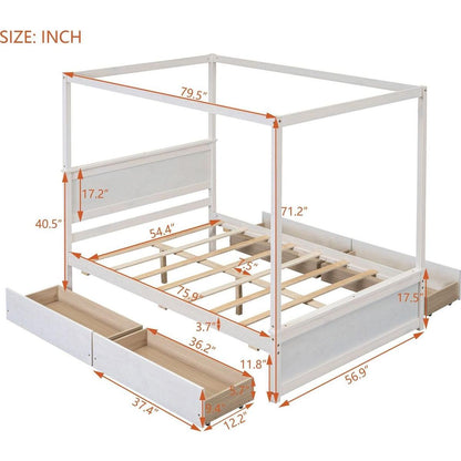 Wood Canopy Bed with four Drawers, Full Size Canopy Platform Bed With Support Slats .No Box Spring Needed, Brushed White