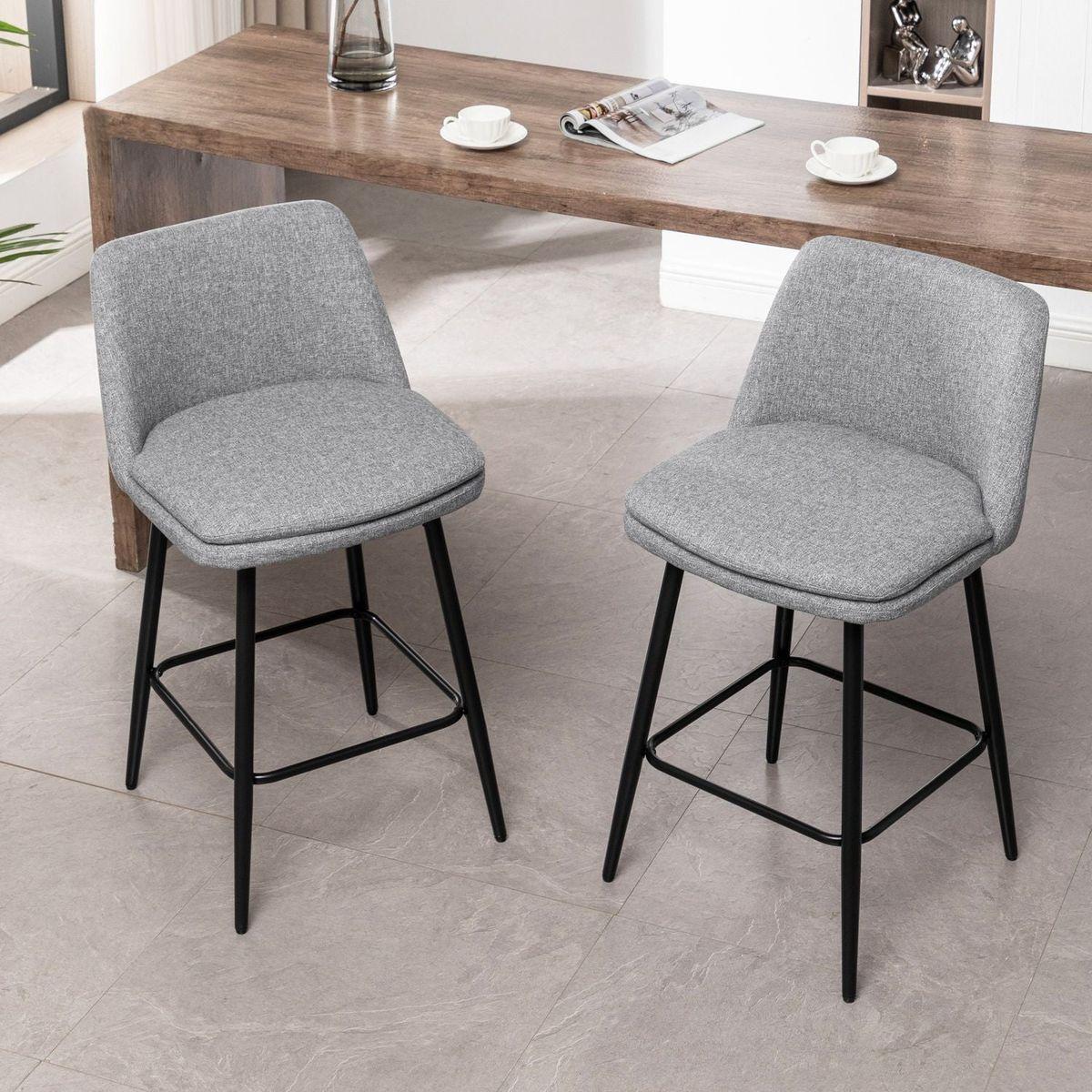 Counter Height Swivel Bar Stools Set of 2, 360 Swivel Upholstered Barstools with Back and Metal Legs, 25.6" Seat Height,Counter Stools for Kitchen Island and Pub,Linen Cloth,Grey