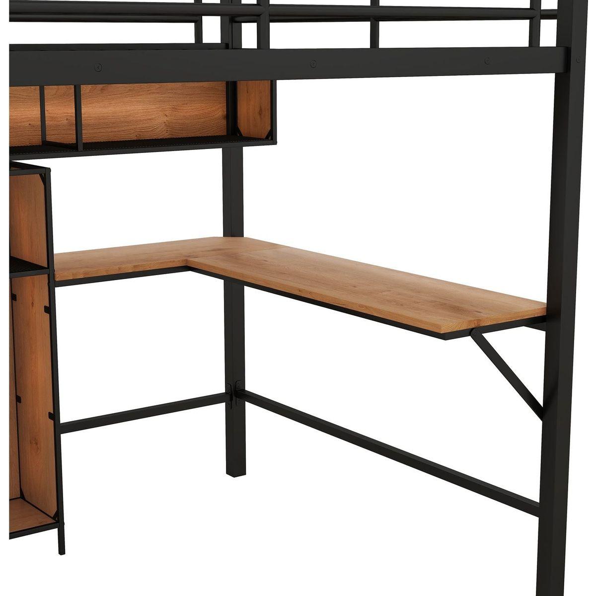 Full Size Metal & Wood Loft Bed with L -shaped desk and shelves, Black and Brown
