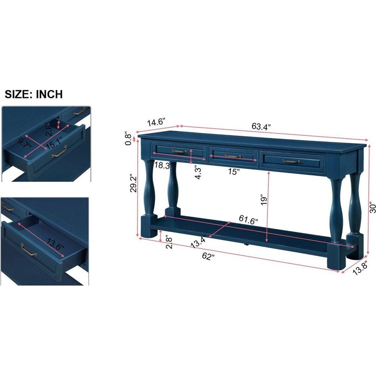 63inch Long Wood Console Table with 3 Drawers and 1 Bottom Shelf for Entryway Hallway Easy Assembly Extra-thick Sofa Table(Navy Blue)