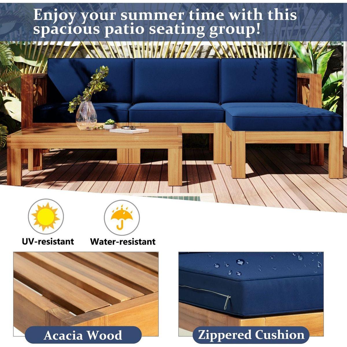 Outdoor Backyard Patio Wood 5-Piece Sectional Sofa Seating Group Set with Cushions, Natural Finish+ Blue Cushions