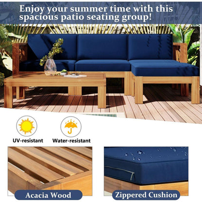 Outdoor Backyard Patio Wood 5-Piece Sectional Sofa Seating Group Set with Cushions, Natural Finish+ Blue Cushions