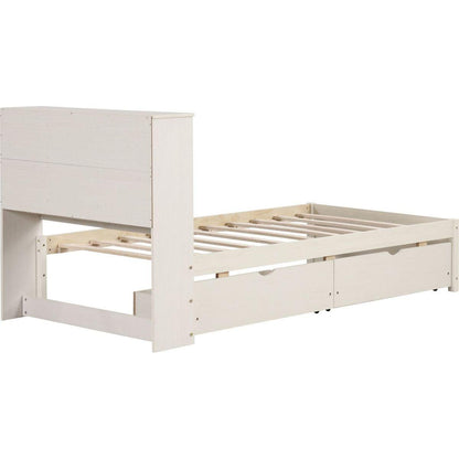 Modern Twin Size Bed Frame With Built-in USB Port on Bookcase Headboard and 2 Drawers for White Washed Color