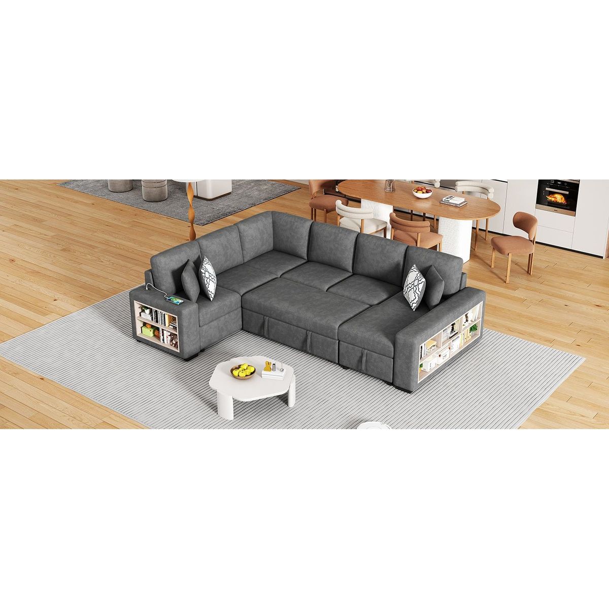 109" U-shaped Sectional Sofa Pull-out Sofa Bed with Two USB Ports, a Storage Chaise Lounge and Four Back Pillows for Living Room, Grey
