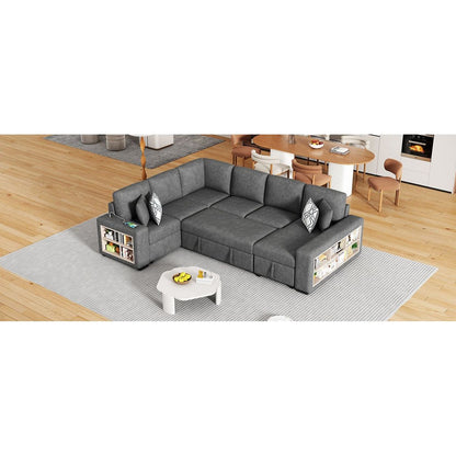 109" U-shaped Sectional Sofa Pull-out Sofa Bed with Two USB Ports, a Storage Chaise Lounge and Four Back Pillows for Living Room, Grey