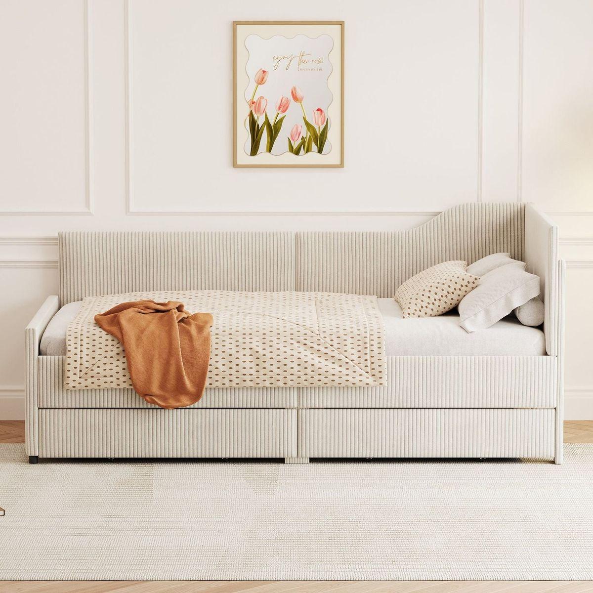 Twin Size L-Shaped Corduroy Daybed,Upholstered Bed Frame with 2 Storage Drawers, Beige