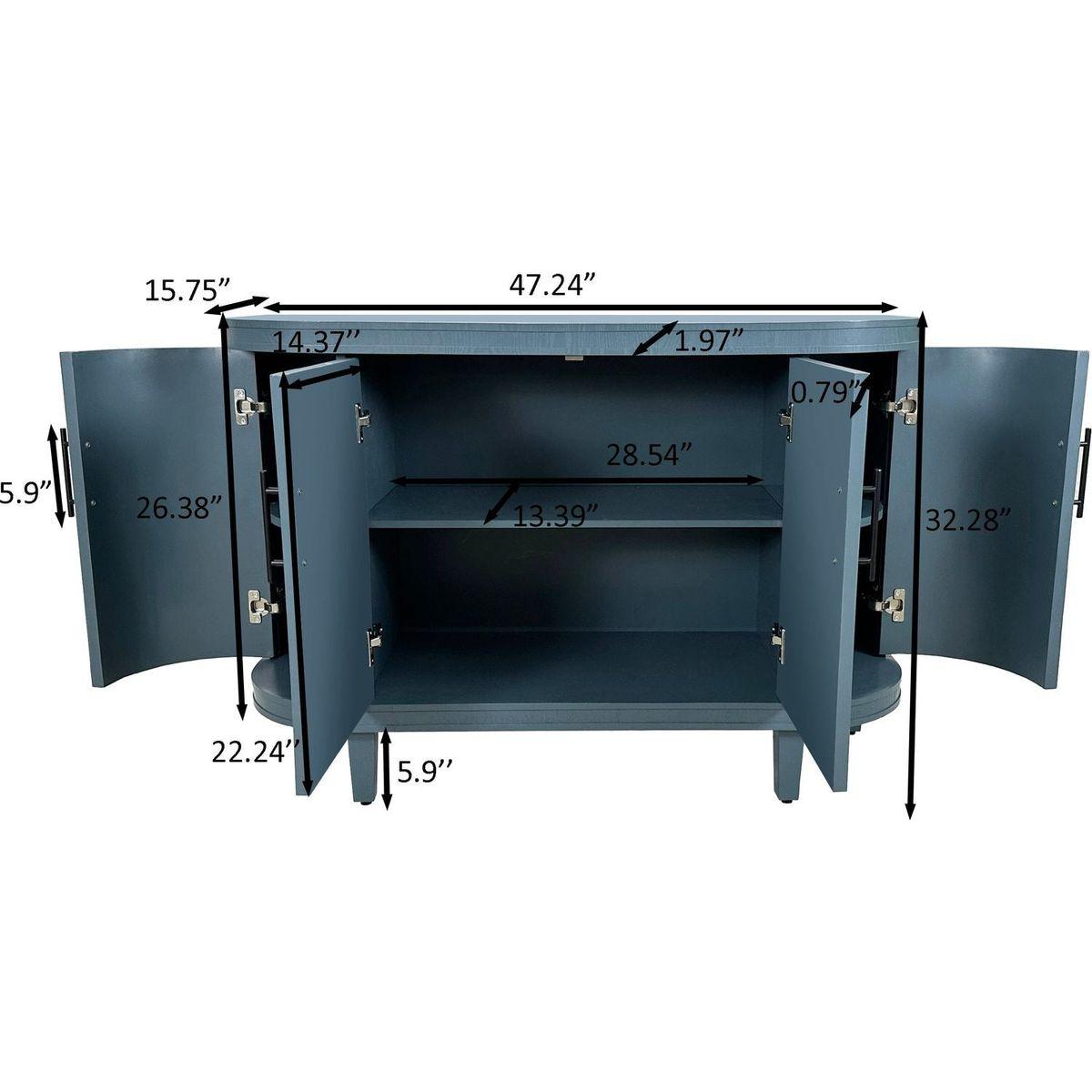 Modern Curved Sideboard 47.2-Inch Decorative Storage Cabinet Wooden Console Table Coffee Bar Cabinet with 4 Doors and Adjustable Interior Shelves for Living Room, Kitchen, Bedroom, Hallway (Blue)