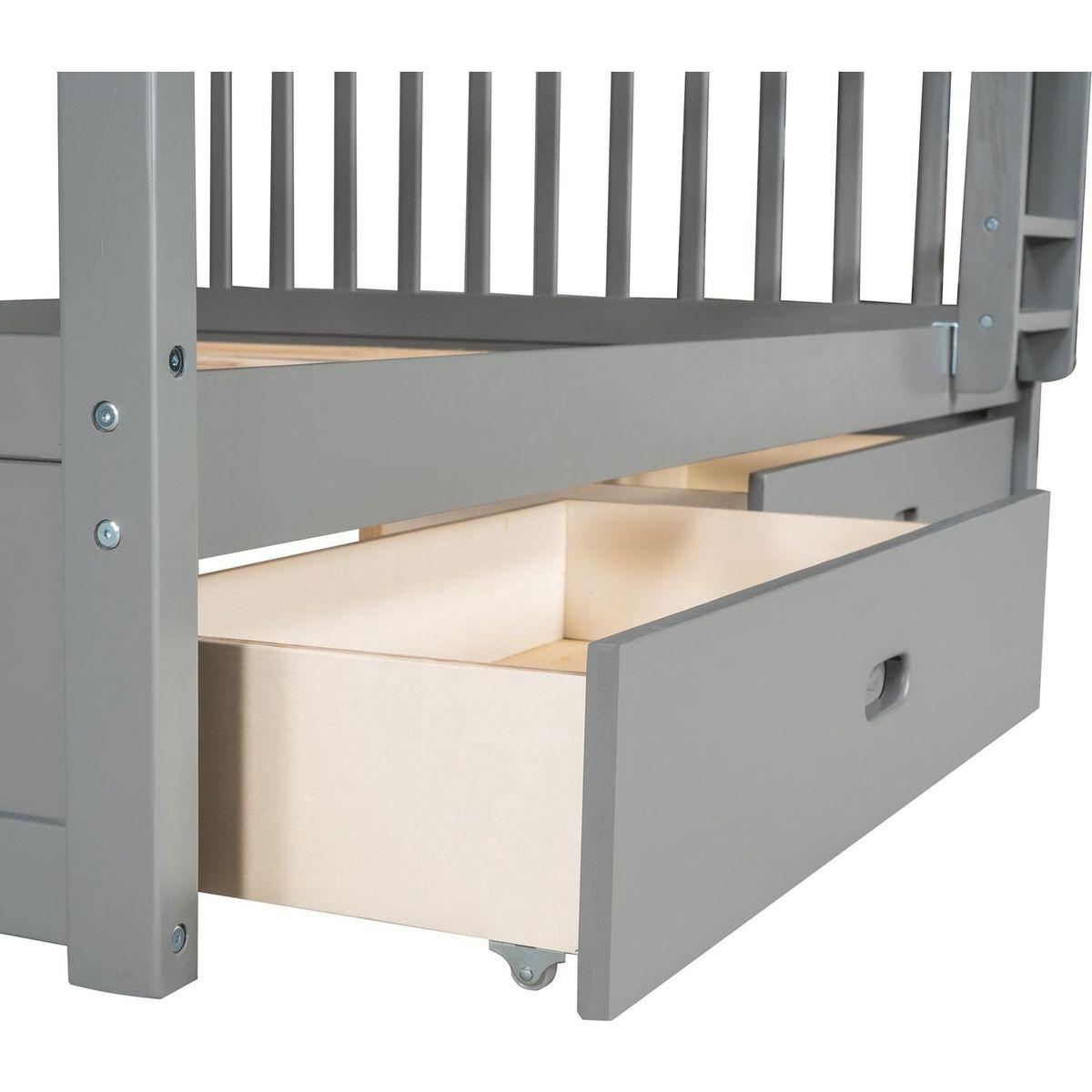 Full-Over-Full Bunk Bed with Ladders and Two Storage Drawers (Gray)