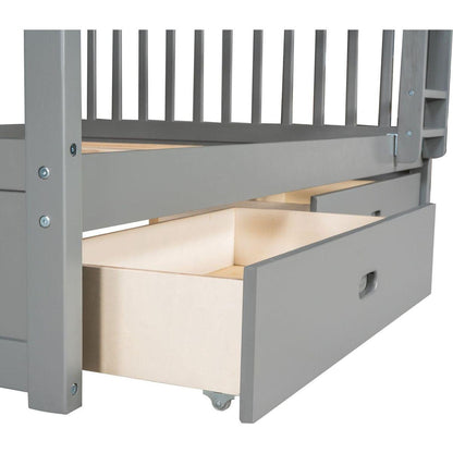 Full-Over-Full Bunk Bed with Ladders and Two Storage Drawers (Gray)