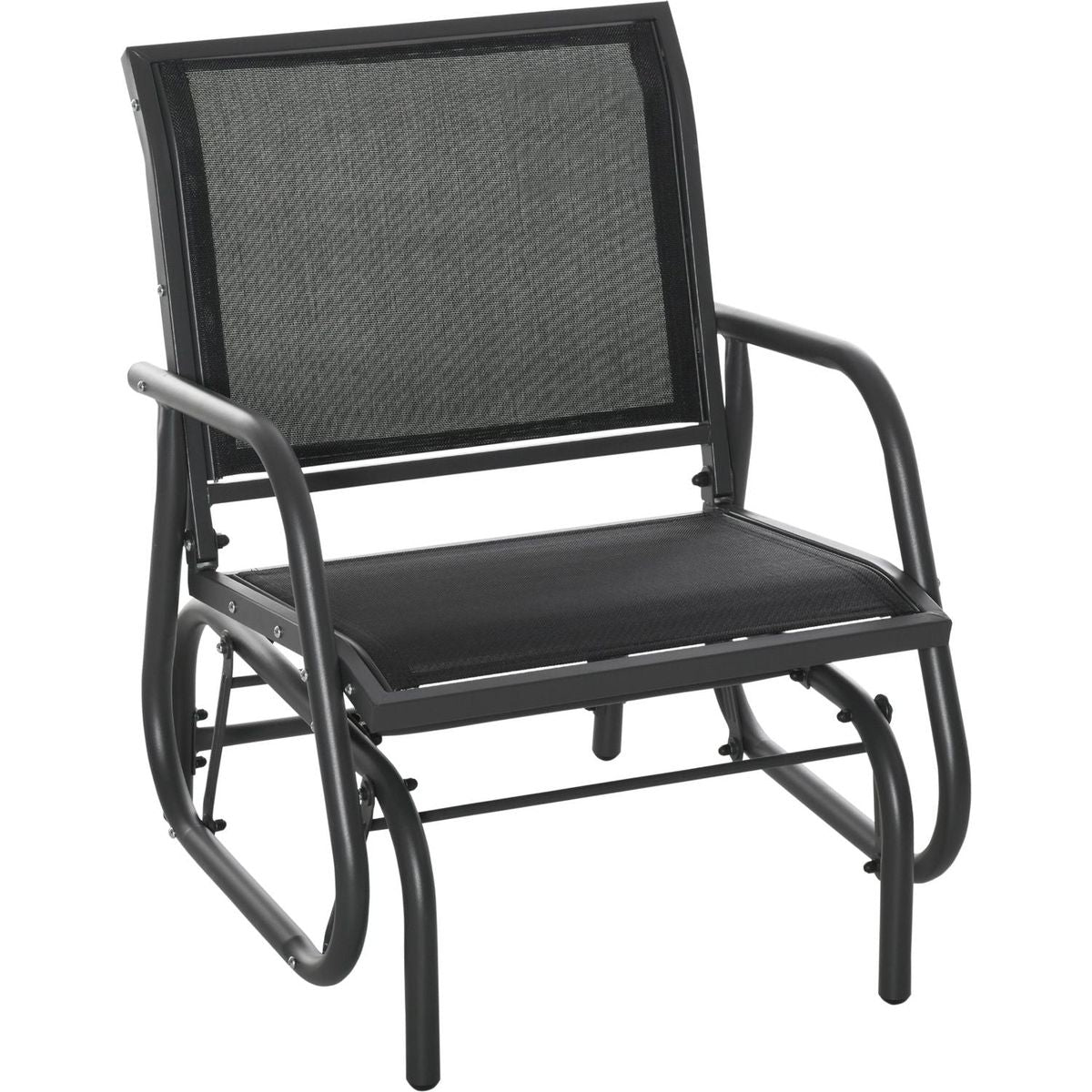 Porch Glider, Metal Frame Swing Glider Chair with Breathable Mesh Fabric, Curved Armrests and Steel Frame for Garden, Poolside, Backyard, Balcony, Black