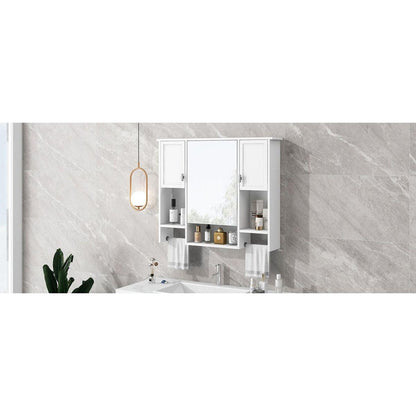 35" x 28" Modern Wall Mounted Bathroom Storage Cabinet, Bathroom Wall Cabinet with Mirror, Medicine Cabinet with Towels Bar